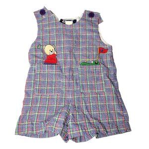 Vtg Samara Plaid Seersucker Golf Overalls Infant Size 6-12mo Embroidered 80s